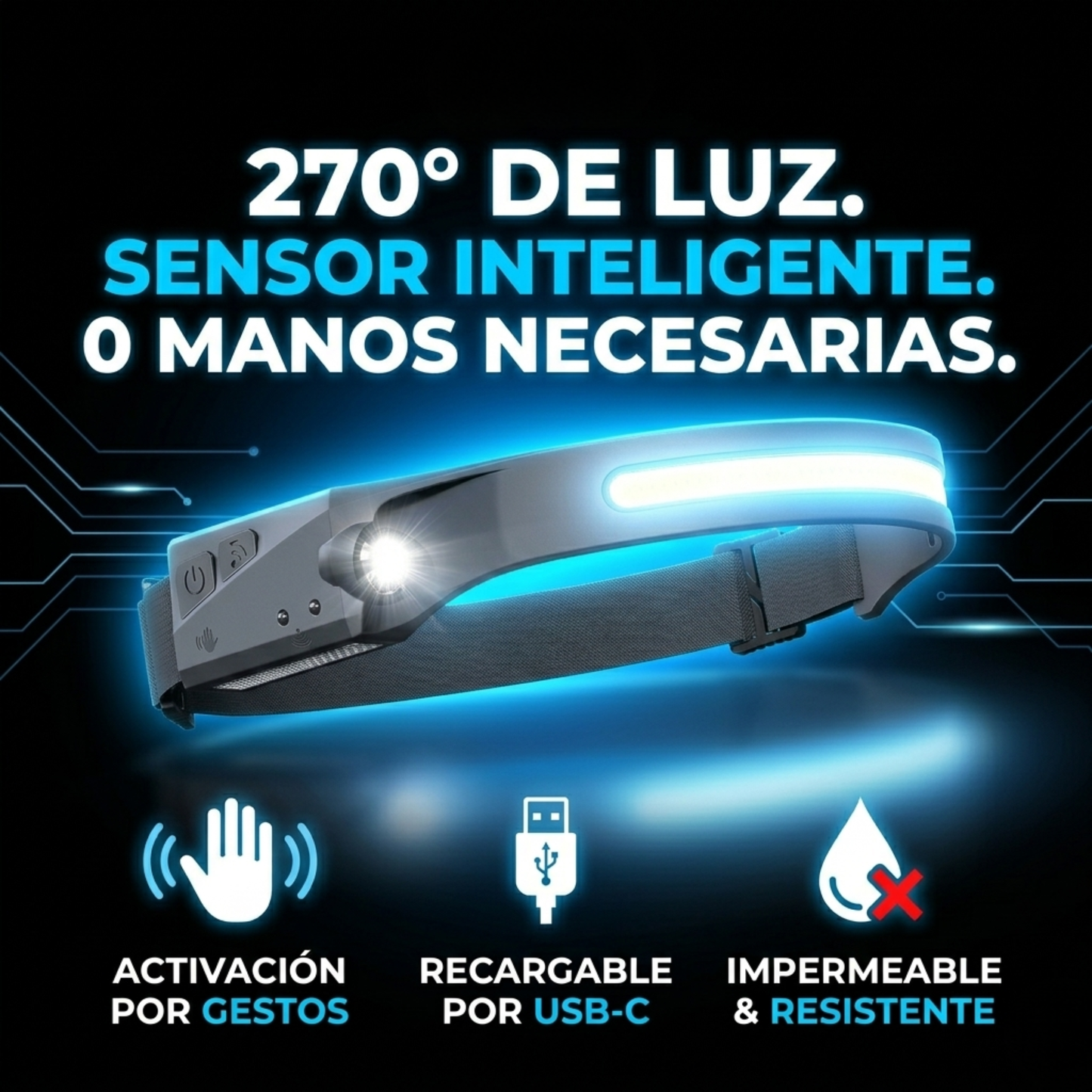 NightSense™ – Faro Inteligente de Cabeza con Detección Automática | Ultra Potente, Recargable y Resistente | Ideal para Running, Camping y Emergencias