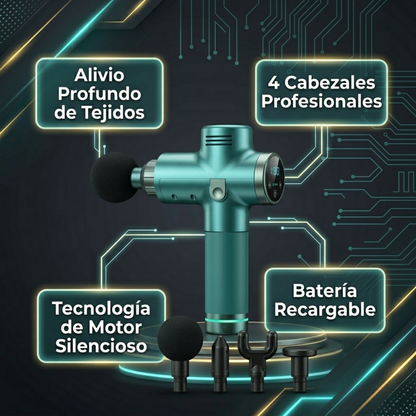 RecoveryX Pro™ – Pistola de Masaje Percusión 4 en 1 | Recuperación Muscular Profunda | Silenciosa, Potente e Inalámbrica