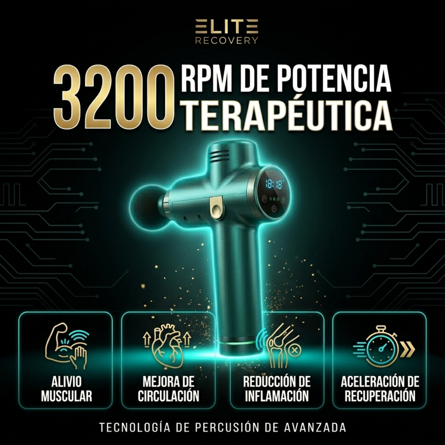 RecoveryX Pro™ – Pistola de Masaje Percusión 4 en 1 | Recuperación Muscular Profunda | Silenciosa, Potente e Inalámbrica